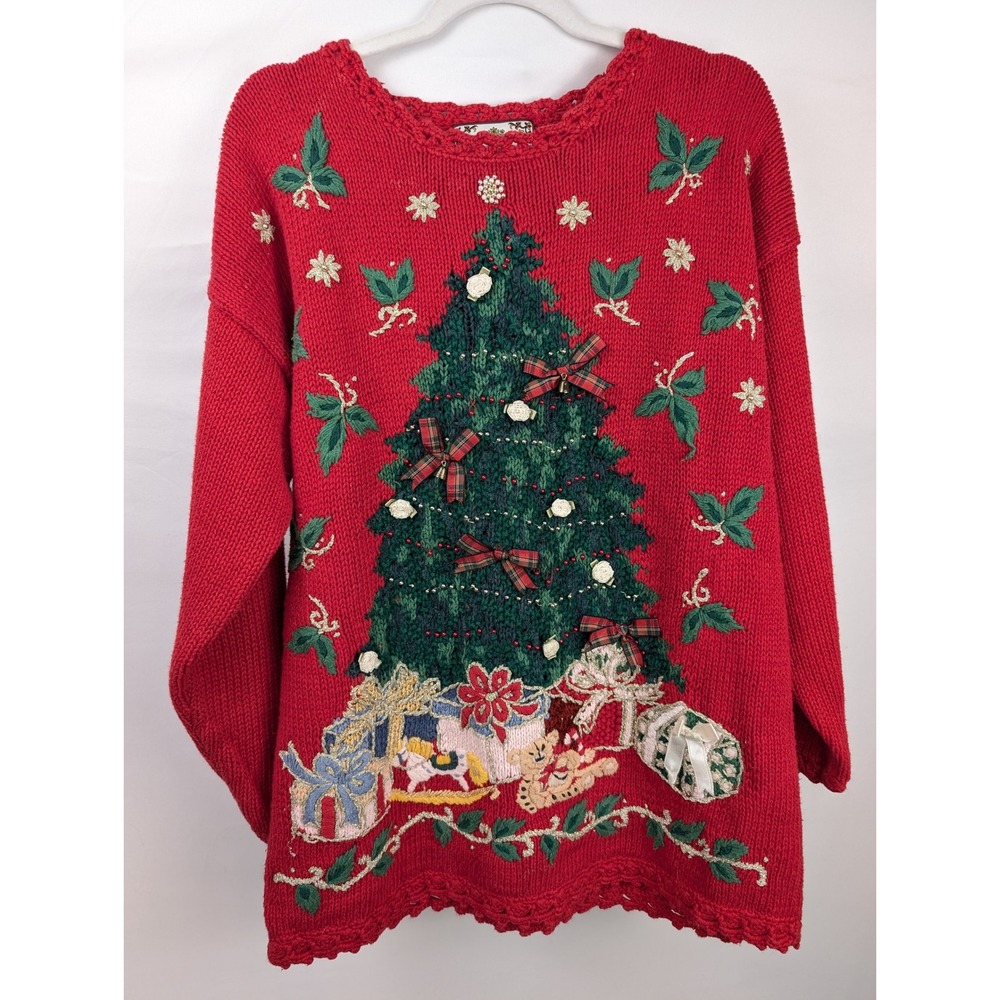Vintage 90s Embroidered Ugly Christmas Tree Sweater Sz S Red Cottagecore Winter